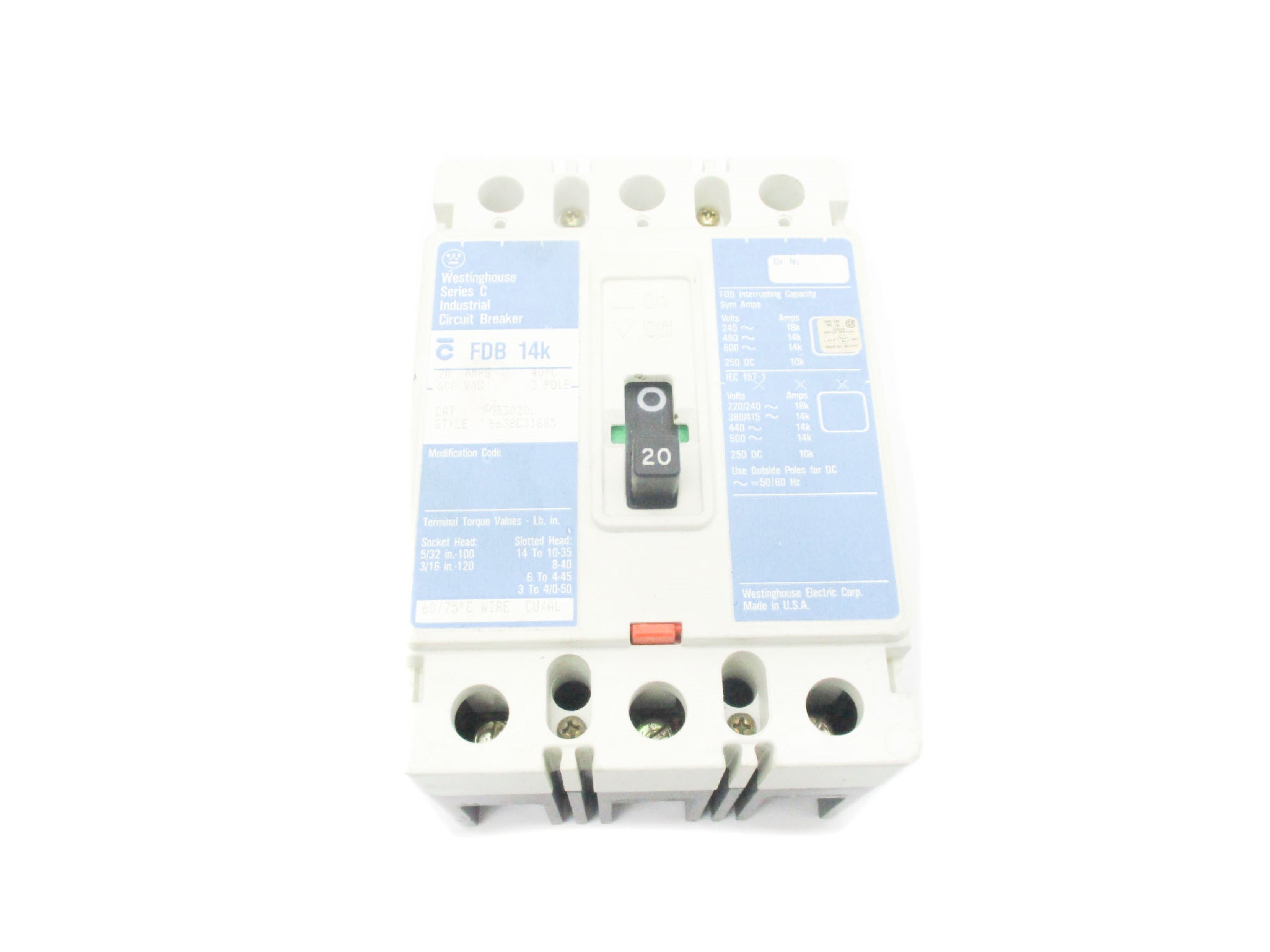 WESTINGHOUSE FDB3020L 6638C31685 SER. C 600VAC 20A NSNP