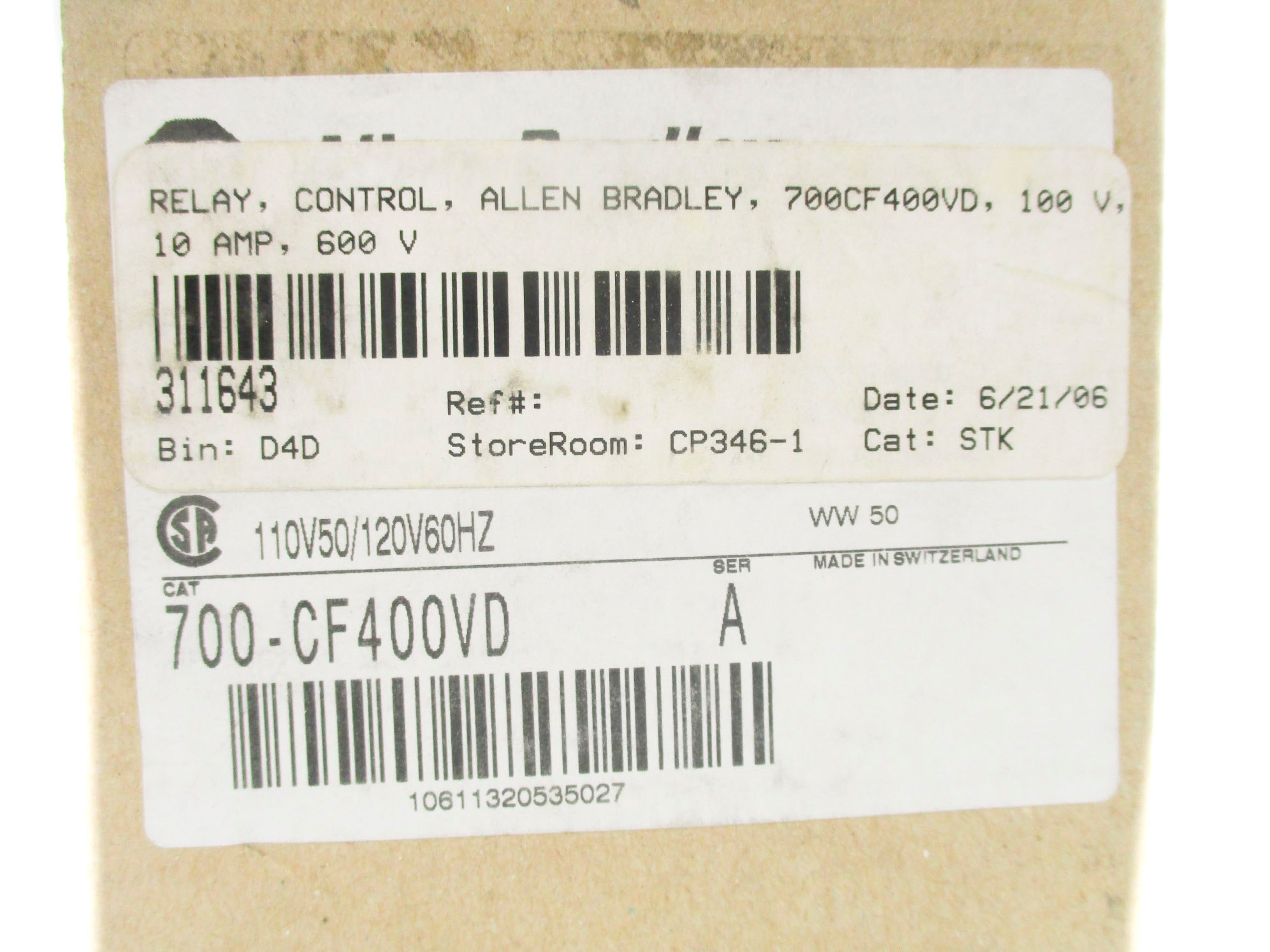 ALLEN BRADLEY 700-CF400VD SER. A 110/120V 20A (BR/WH) NSMP