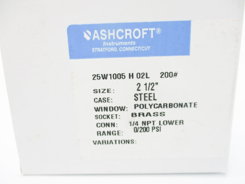ASHCROFT 25W1005H02L200# 0-200PSI 2-1/2" NSMP