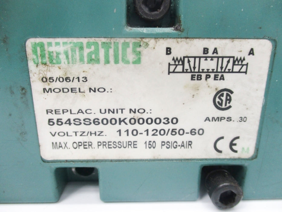NUMATICS 554SS600K000030 110-120V .30A 150PSI UNMP