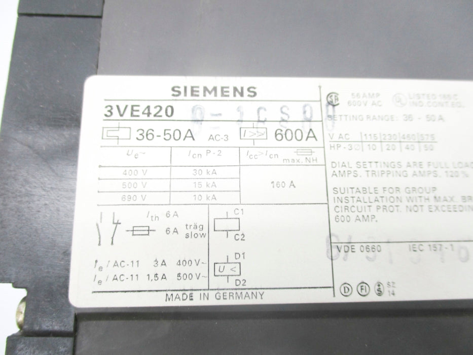 SIEMENS 3VE4200-1CS00 600VAC 36-50A  NSMP