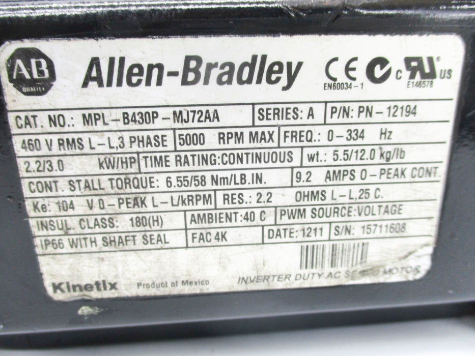 ALLEN BRADLEY MPL-B430P-MJ72AA SER. A UNMP