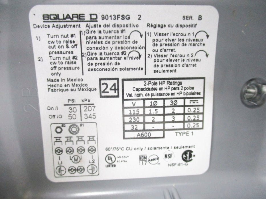 SQUARE D 9013FSG2 SER. B 30/50PSI NSNP