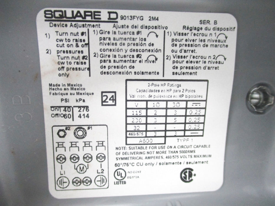 SQUARE D 9013FYG2M4 SER. B 40-60PSI NSNP