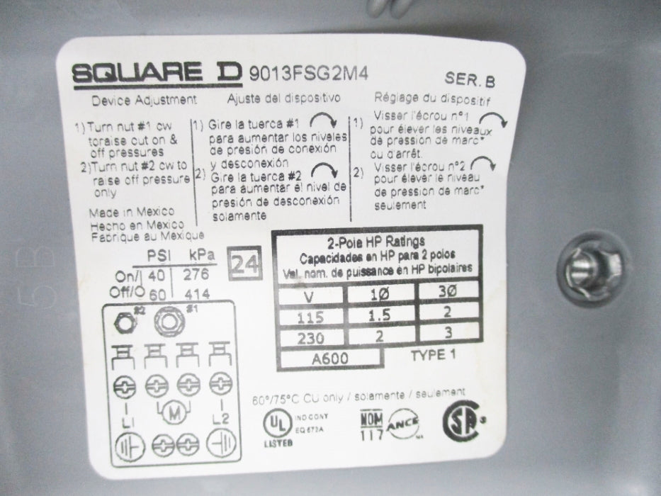 SQUARE D 9013FSG2M4 SER. B 230V 40/60PSI UNMP