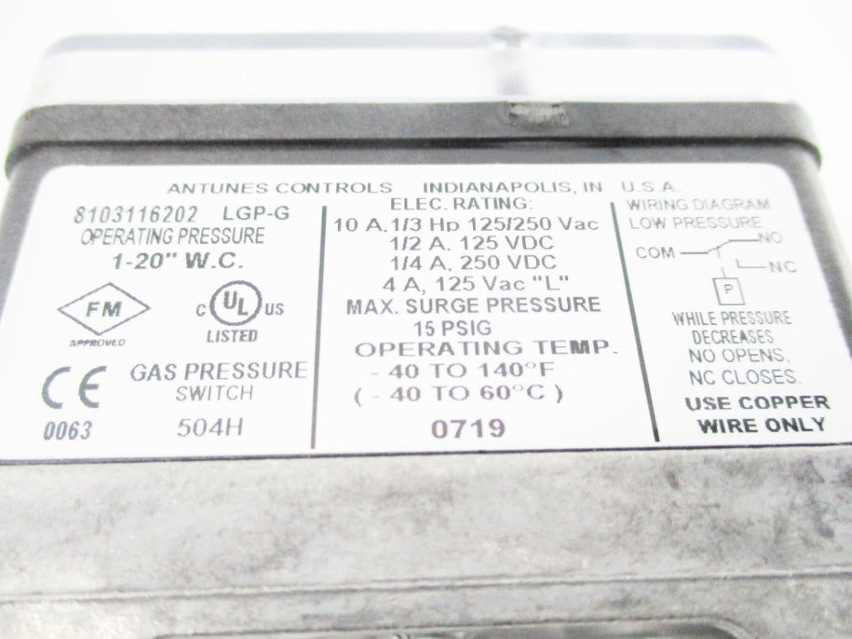 ANTUNES CONTROLS 8103116202 LGP-G 125/250VAC 10A 1-20"WC NSNP