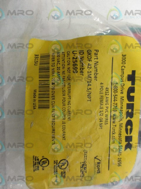 TURCK GKDF42-1M/124.5/NPT POWER RECEPTACLES  *NEW IN FACTORY BAG*