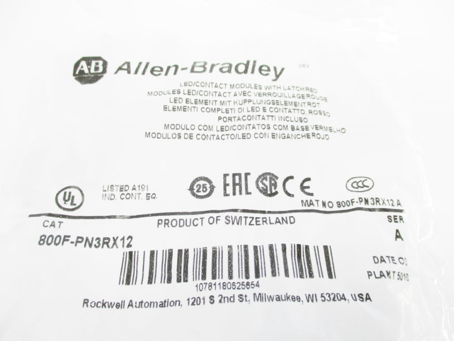 ALLEN BRADLEY 800F-PN3RX12 SER. A NSMP