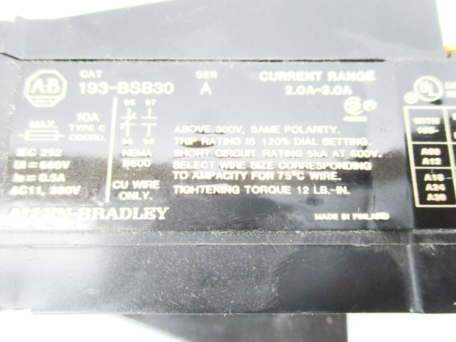 INDUSTRIAL SPARE PART 193-BSB30 SER. A 660V 2.0-3.0A UNMP