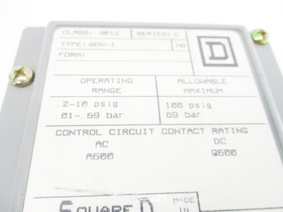 SQUARE D 9012GDW-1 SER. C 600VAC/DC 2-10PSI NSNP