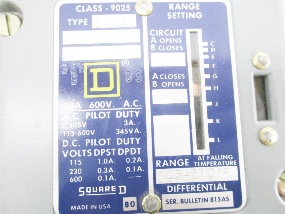 SQUARE D 9025BCW42 SER. B 145-210PSI UNMP