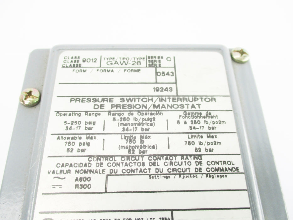SQUARE D 9012GAW-26 SER. C 5-250PSI NSNP