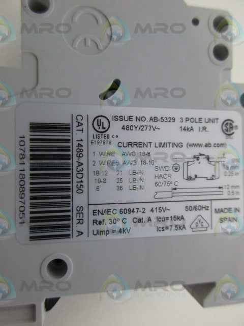 ALLEN BRADLEY 1489-A3D150 SER A 3POLE CIRCUIT BREAKER *NEW IN BOX*