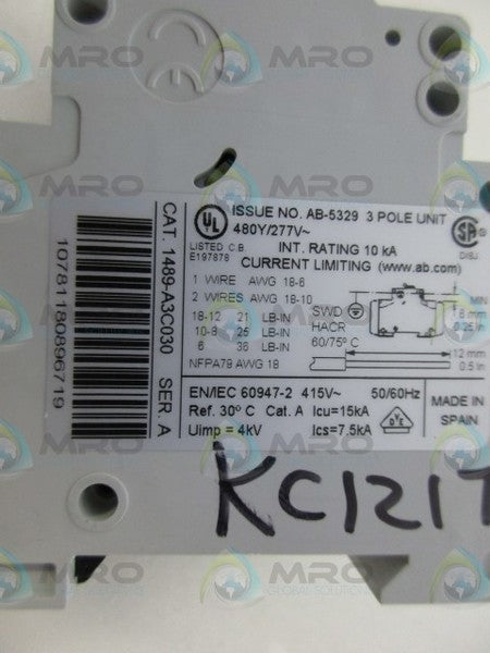 ALLEN BRADLEY 1489-A3C030 SER A 3POLE CIRCUIT BREAKER *NEW IN BOX*