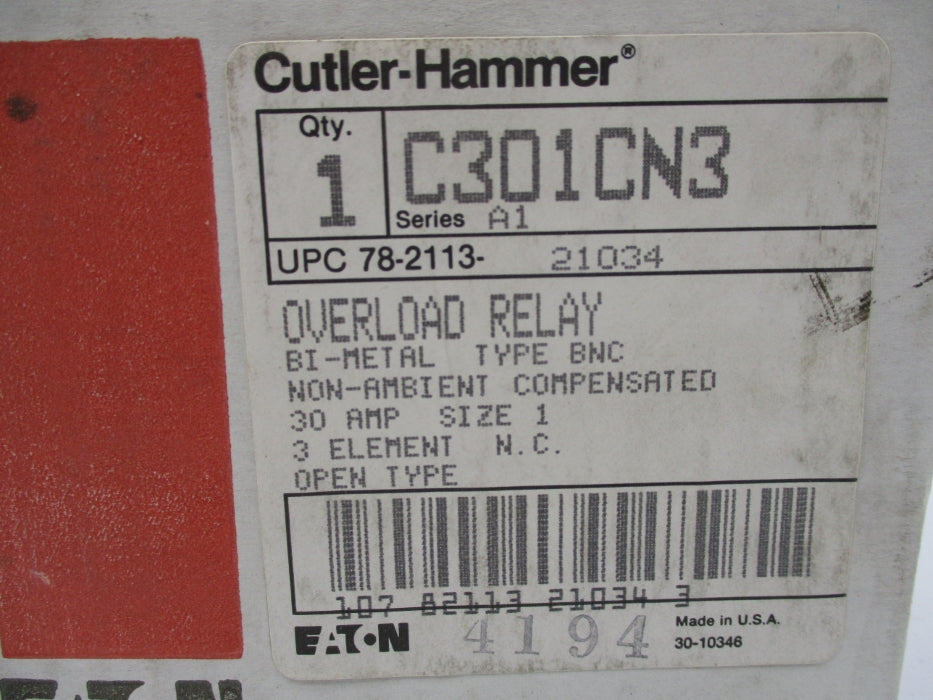 CUTLER HAMMER C301CN3 SER. A1 600V 30A NSMP