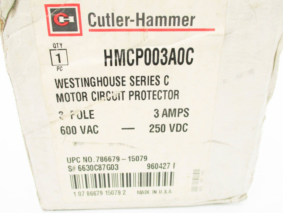 CUTLER HAMMER HMCP003A0C SER. C 6630C87G03 250VDC/600VAC 3A NSMP