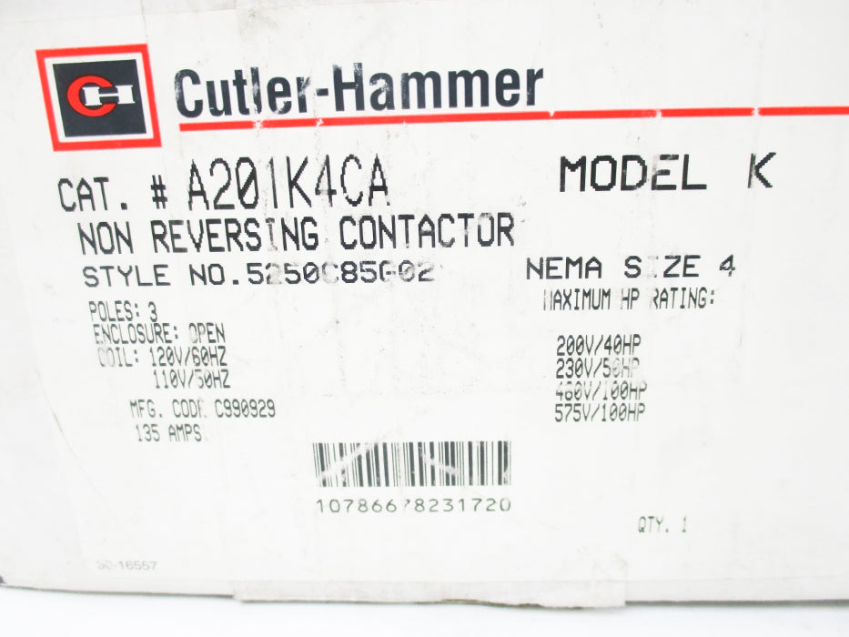 CUTLER HAMMER A201K4CA 5250C85G02 110/120V NSMP