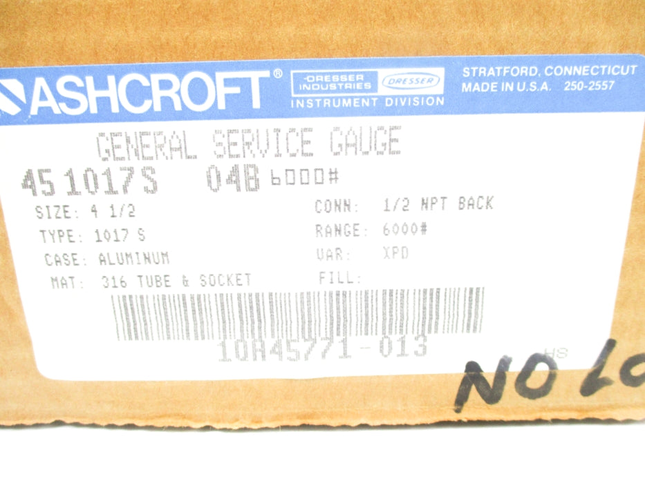 ASHCROFT 451017S04B6000# 0-6000PSI NSMP