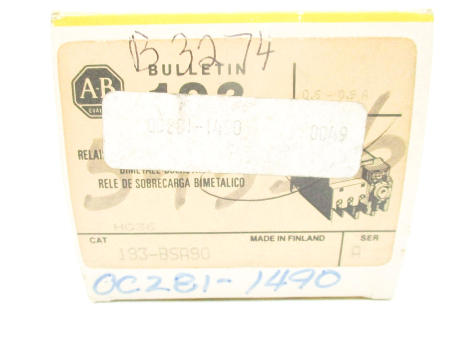 ALLEN BRADLEY 193-BSA90 SER. A 660V .6-.9A (BK/YL) NSMP