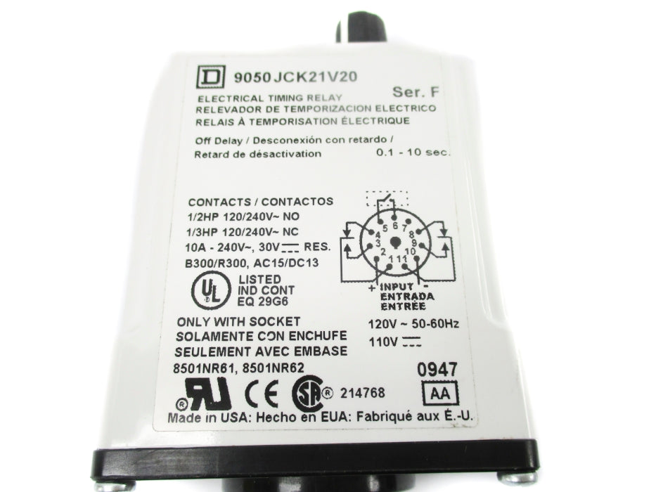 SQUARE D 9050JCK21V20 SER. F 110-120V 10A 0.1-10SEC UNMP