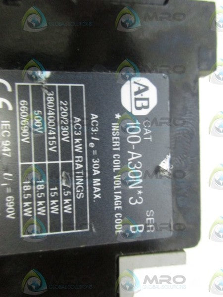 ALLEN BRADLEY 100-A30ND3 SER. B CONTACTOR 110/120V *USED*