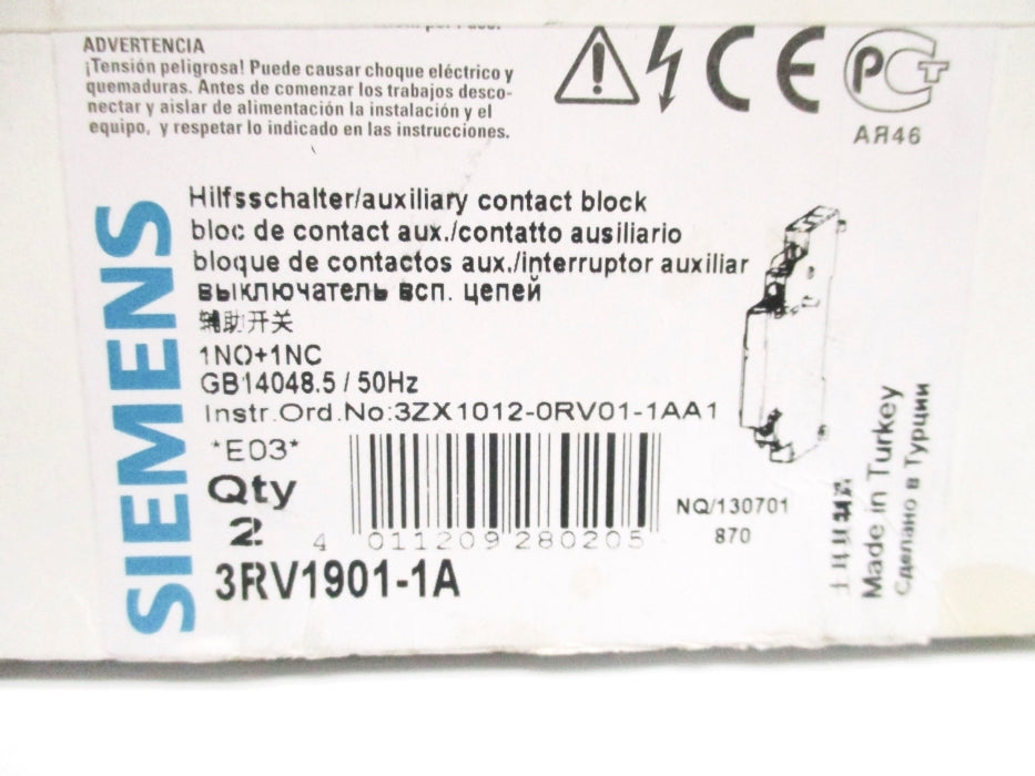 SIEMENS 3RV1901-1A 240V 10A (PKG OF 2) NSMP