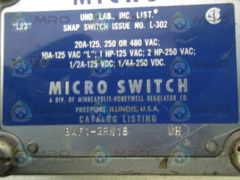 MICROSWITCH BAF1-2RN18-LH LIMIT SWITCH *USED*
