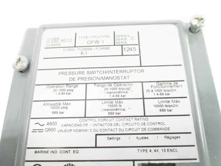 SQUARE D 9012GFW1 SER. C 20-1000PSIG NSNP