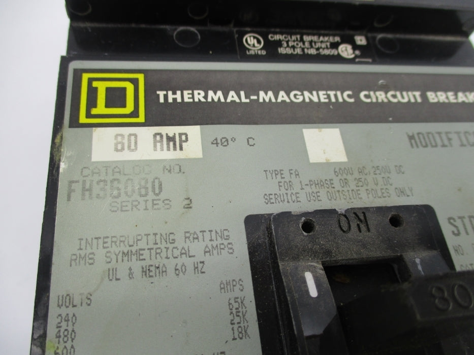 SQUARE D FH36080 SER. 2 240/600V 80A UNMP