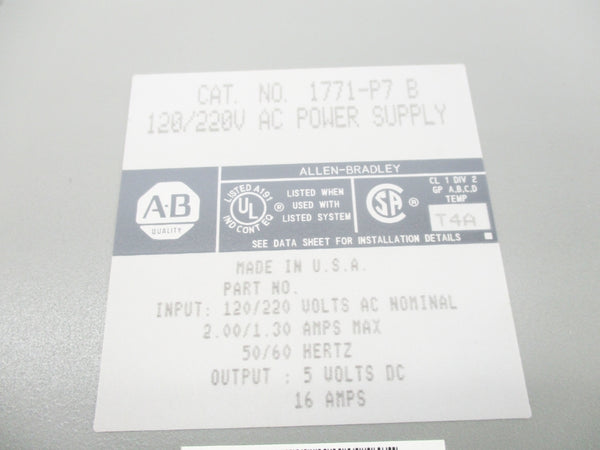 ALLEN BRADLEY 1771-P7 SER. B 120/220VAC 2.00/1.30A NSNP