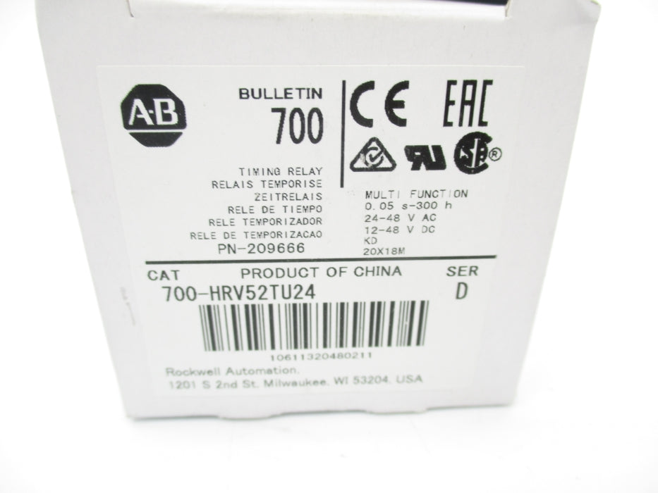 ALLEN BRADLEY 700-HRV52TU24 SER. D 12-48VAC/DC 5A 0.05S-300H (WH) NSMP