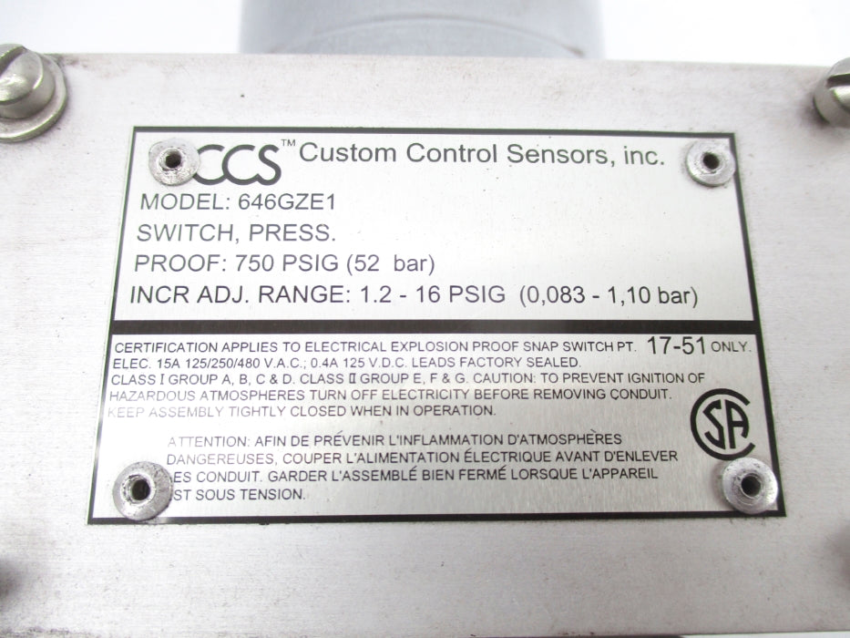 CUSTOM CONTROL SENSOR 646GZE1 1.2-16PSIG NSNP