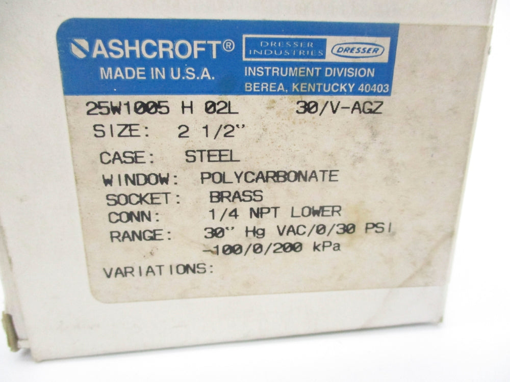 ASHCROFT 25W1005H02L30/V-AGZ 30"HGVAC/0-30PSI NSMP