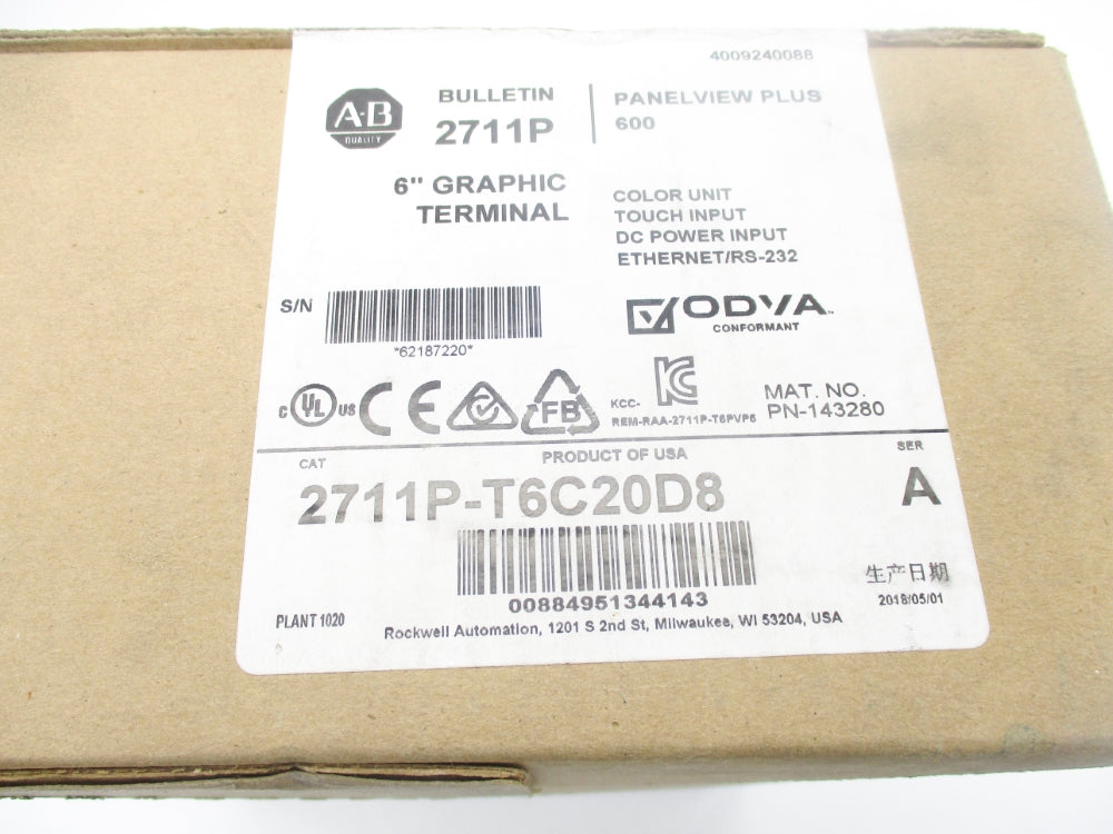 ALLEN BRADLEY 2711P-T6C20D8 SER. A DATE: 2018 (BR/WH) NSFS