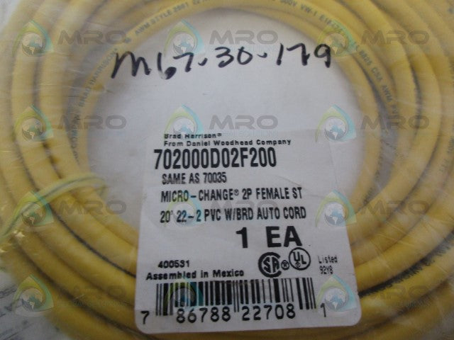 DANIEL WOODHEAD 702000D02F200 CABLE CORDSET *NEW IN FACTORY BAG*