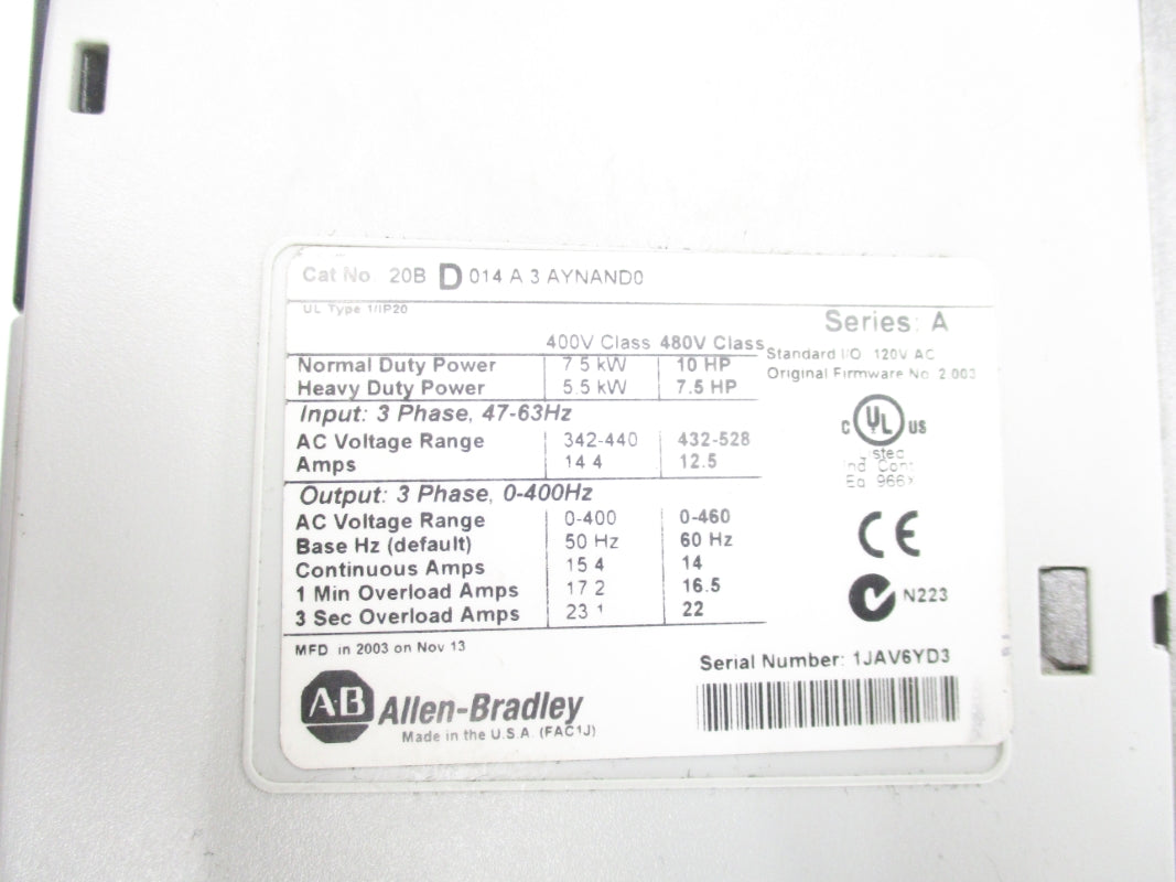 ALLEN BRADLEY 20BD014A3AYNAND0 SER. A F/W 2.003 UNMP