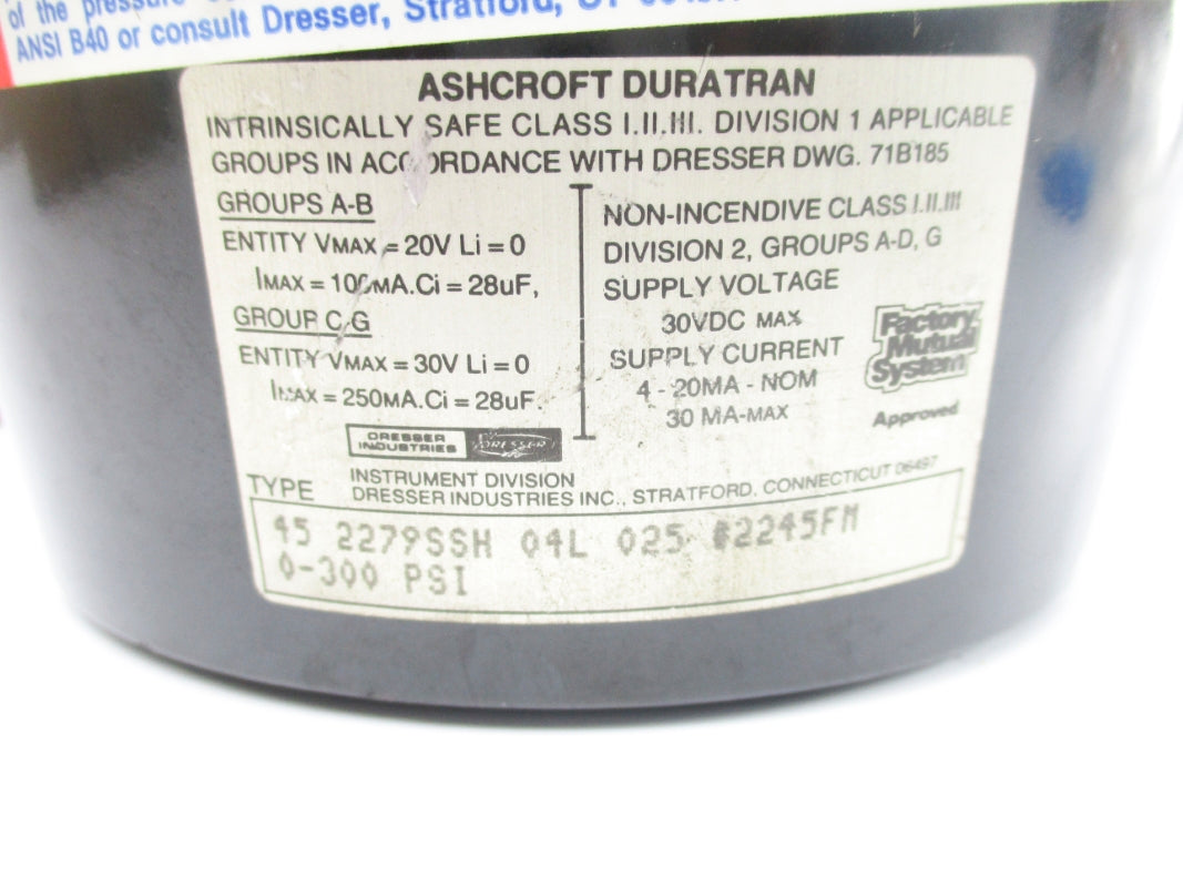ASHCROFT 452279SSH04L025 0-300PSI (AS PICTURED) NSNP