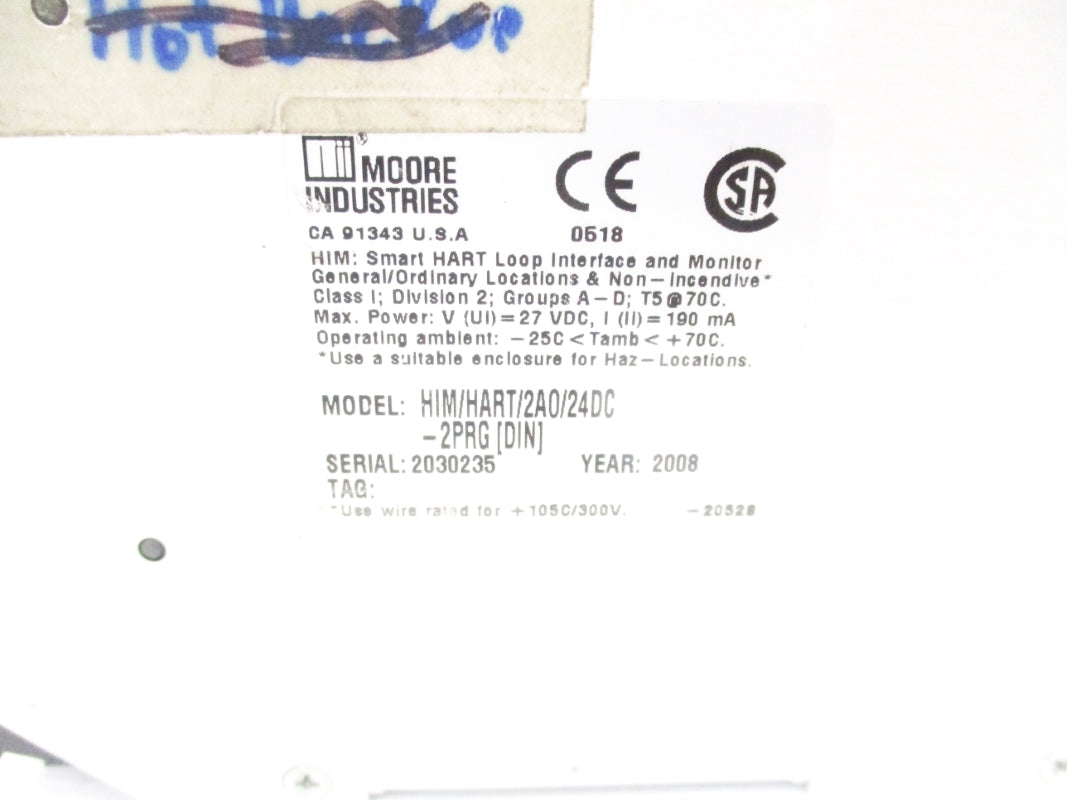 MOORE INDUSTRIES HIM/HART/2A0/24DC-2PRG-DIN 27VDC UNMP