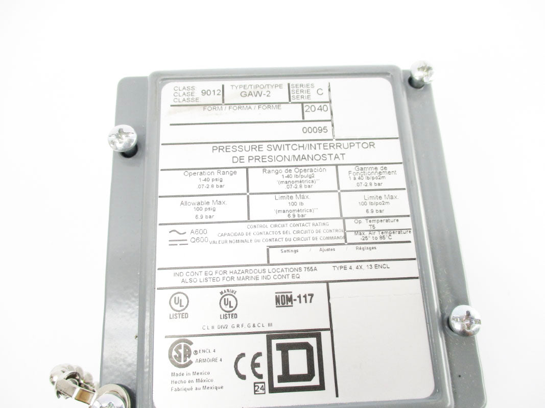 SQUARE D 9012GAW2 SER. C 1-40PSI NSNP