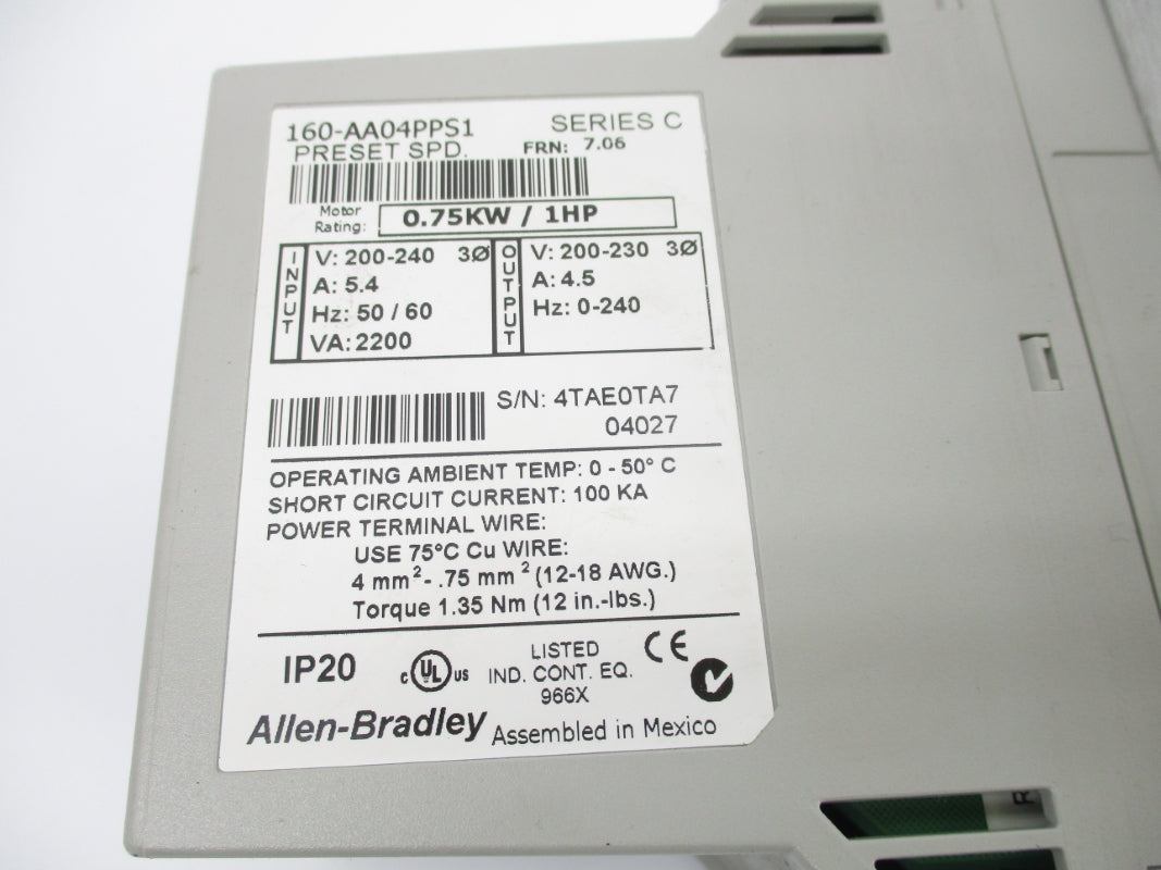 ALLEN BRADLEY 160-AA04PPS1 SER. C  F/W 7.05 200-240V 5.4/4.5A UNMP