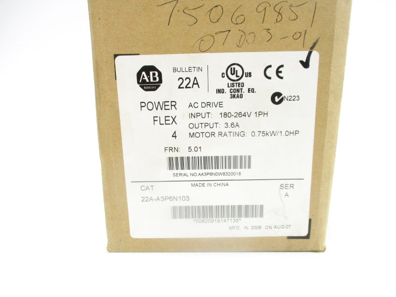 ALLEN BRADLEY 22A-A3P6N103 SER. A 180-264V 9.2A F/W 5.01 (BR/WH) (NO COVER) NSMP