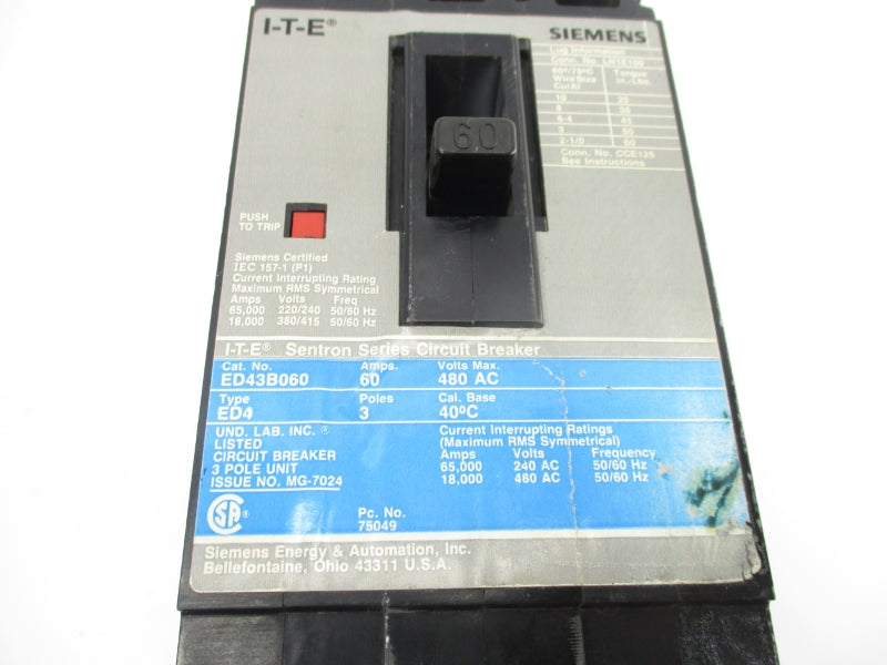 SIEMENS ED43B060 480VAC 60A UNMP