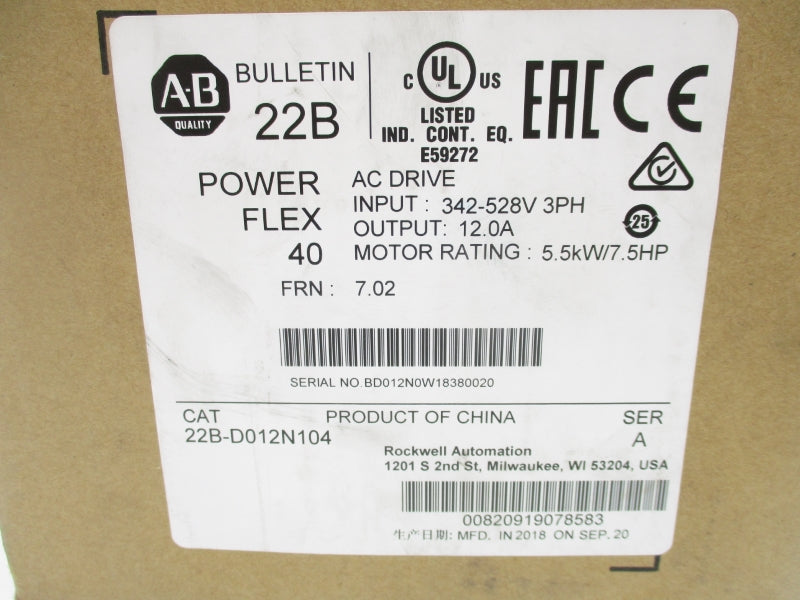 ALLEN BRADLEY 22B-D012N104 SER. A  F/W 7.02 342-528VAC 18.0A (BR/WH) NSMP
