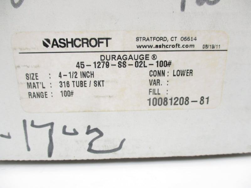 ASHCROFT 45-1279-SS-02L-100# 0-100PSI 4-1/2" (WH) NSMP