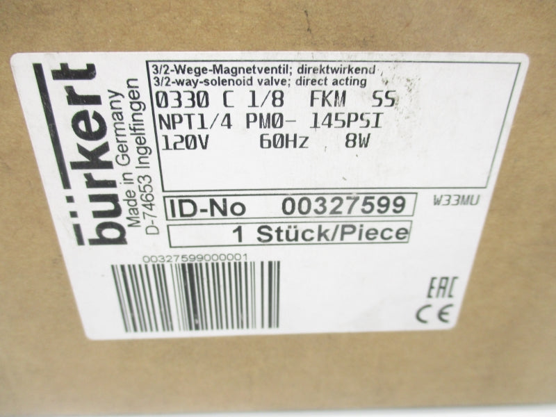 BURKERT 0330C1/8FKMSS 00327599 120V 145PSI NSMP