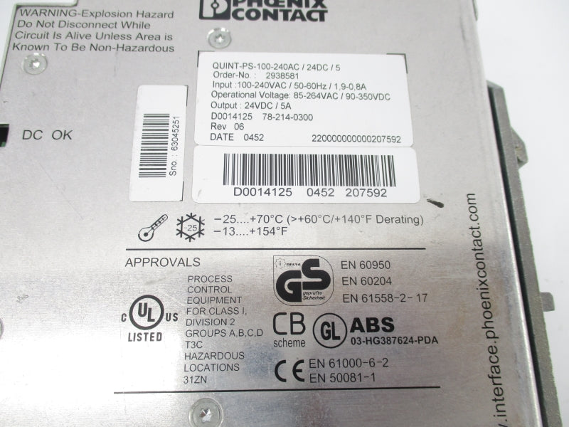 PHOENIX CONTACT QUINT-PS-100-240AC/24DC/5 2938581 100-240VAC 5A UNMP