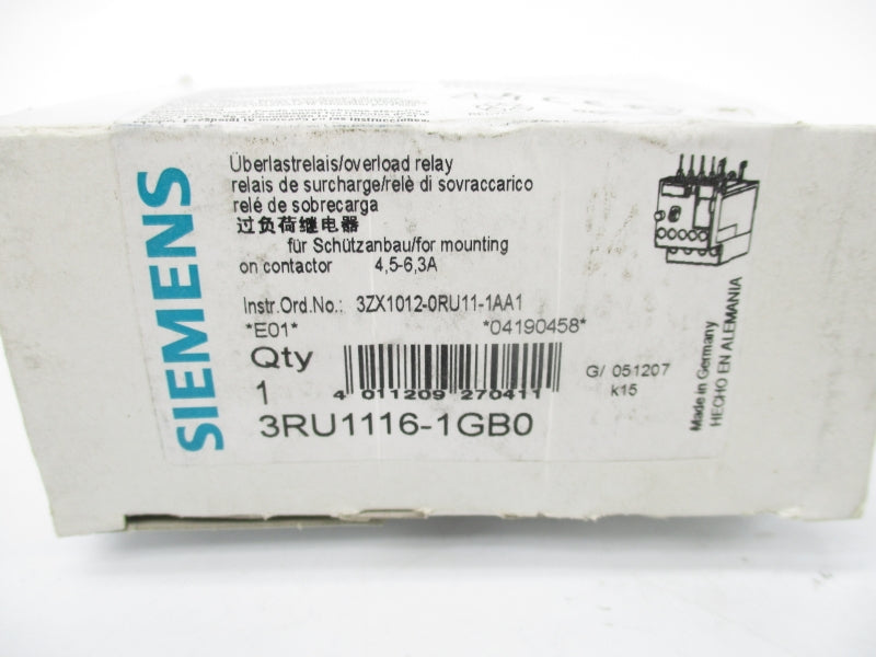 SIEMENS 3RU1116-1GB0 600VAC 4.5-6.3A NSMP