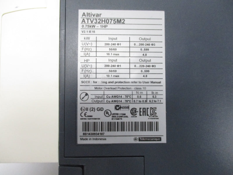 SCHNEIDER ELECTRIC ATV32H075M2 200-240V 10.1A UNMP