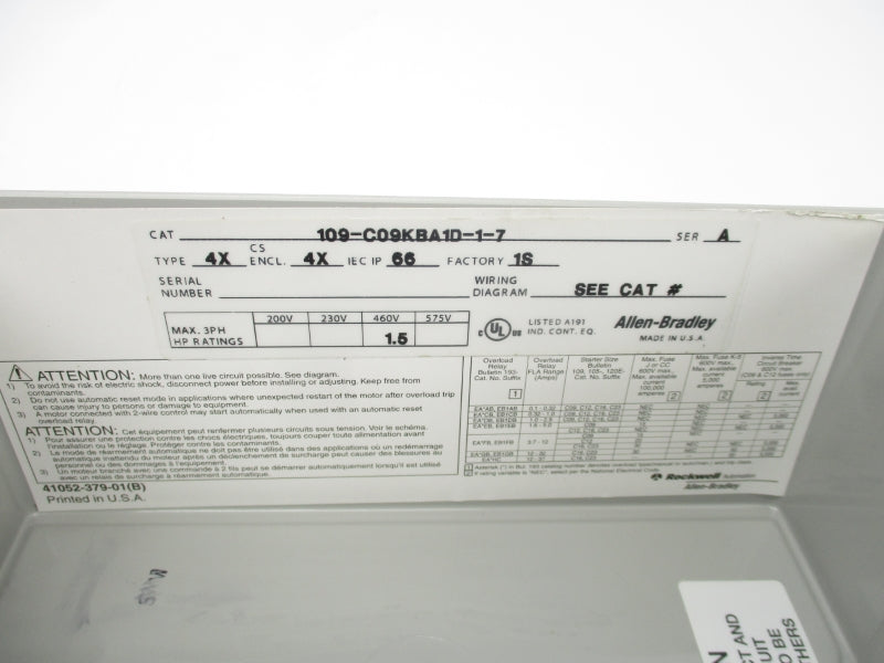 ALLEN BRADLEY 109-C09KBA1D-1-7 SER. A 440/480V NSNP