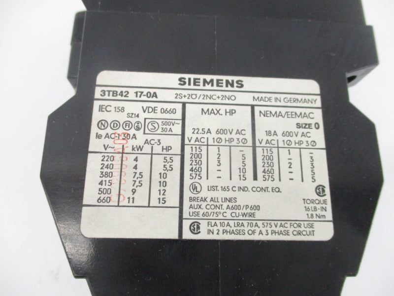 SIEMENS 3TB4217-0A 110/120V 22.5A NSNP